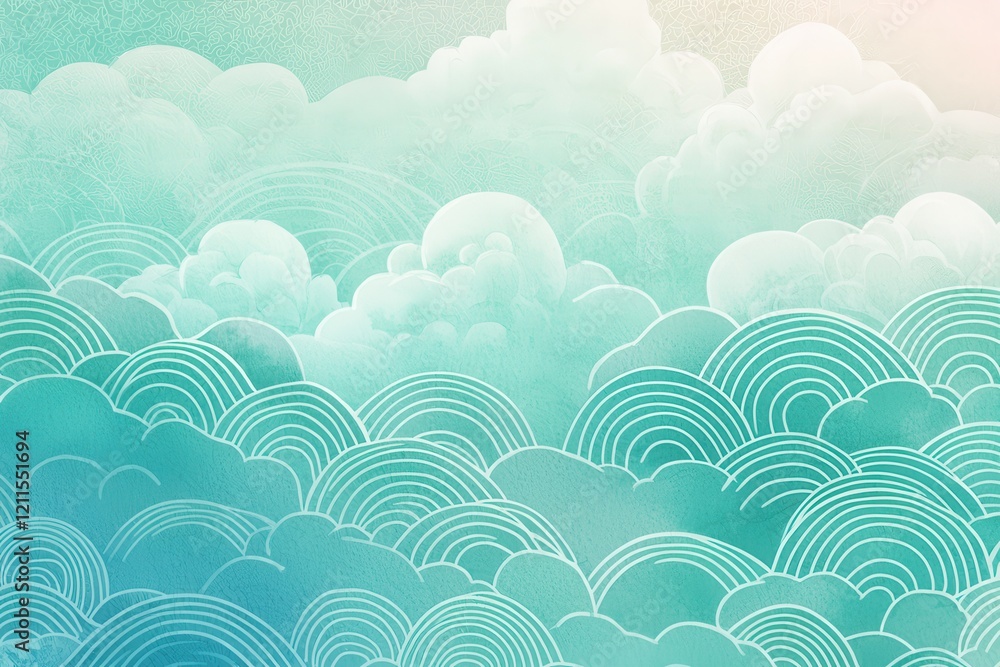 Poster soft blue clouds with whimsical line patterns in aqua tones