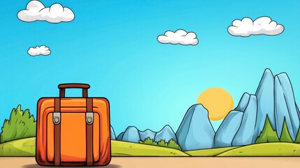 Bright Orange Suitcase in Scenic Mountain Landscape with Clouds
