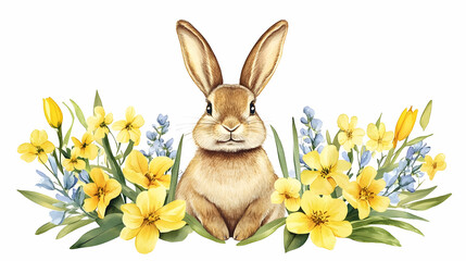 Fototapeta premium Spring bunny surrounded by yellow and blue flowers; perfect for Easter cards or springtime greetings