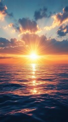 Fototapeta premium Ocean Sunset: Golden Rays and Dramatic Cloudscape