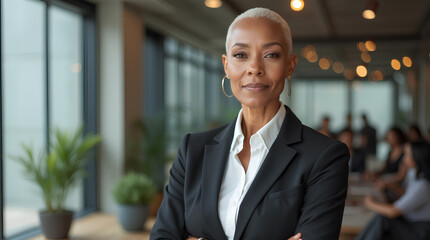 Portrait of a professional woman in a suit standing in a modern office. Mature business woman looking at the camera in a workplace meeting area.