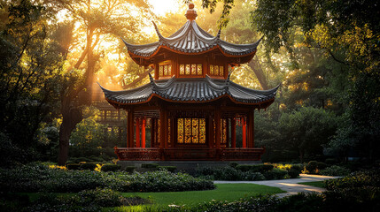 Fototapeta premium Serene Chinese Pagoda in a Lush Garden: Sunrise Landscape Photography