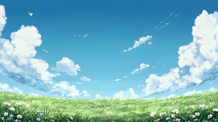 Obraz premium Sunny day, green field, fluffy clouds, birds flying, idyllic landscape, perfect for backgrounds