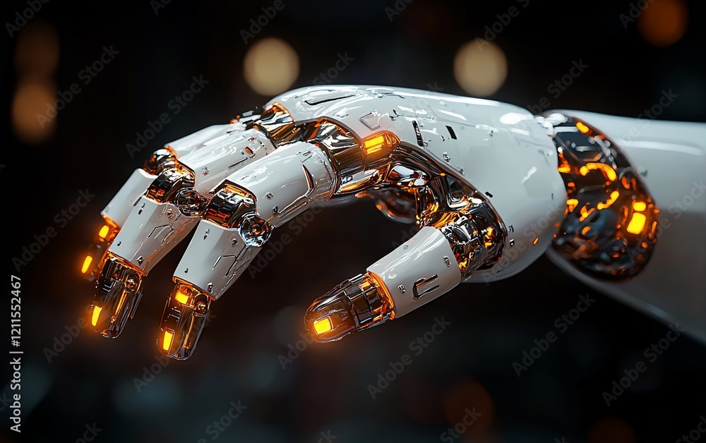 Poster close-up of a futuristic robotic hand with glowing joints, poised in a grasping gesture.