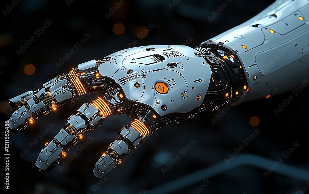 Poster close-up of a robotic hand, showcasing intricate mechanical details and glowing joints.