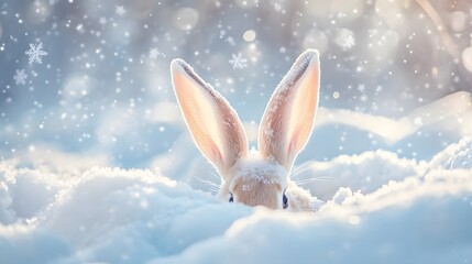 Obraz premium A Snowy Winter Rabbit Hidden In The Snow