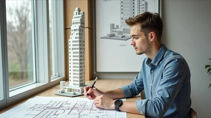 A young architect uses drawing tools to sketch angular designs, with a model of a modern skyscraper.