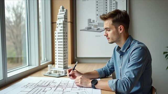 A young architect uses drawing tools to sketch angular designs, with a model of a modern skyscraper.