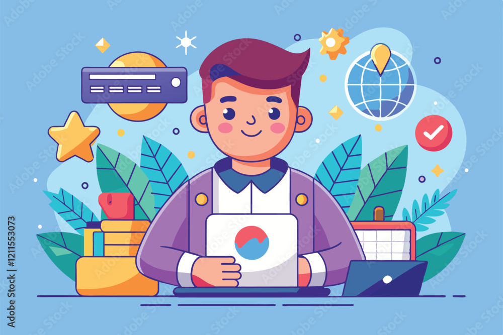Poster a cheerful character with a tablet is surrounded by colorful graphics of the internet and technology