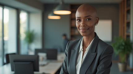 Portrait of a professional woman in a suit standing in a modern office. Mature business woman looking at the camera in a workplace meeting area.