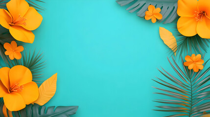 Fototapeta premium Tropical flowers frame teal background, summer design, website banner, greeting card