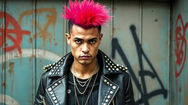 A rebellious young man from the 1970s punk era, clad in a spiked leather jacket, ripped jeans, and combat boots, exudes urban grunge against graffiti.