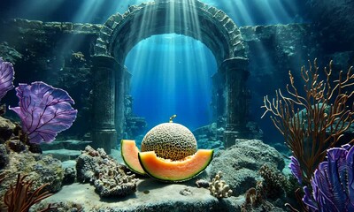 Underwater melon still life, ancient ruins, sunbeams, coral - Powered by Adobe