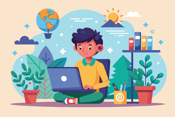A boy sits cross-legged, focused on his laptop while surrounded by green plants and a colorful backdrop, Internet on the go Customizable Cartoon Illustration