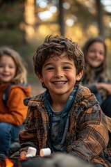 Happy child roasting marshmallows by a campfire. AI.