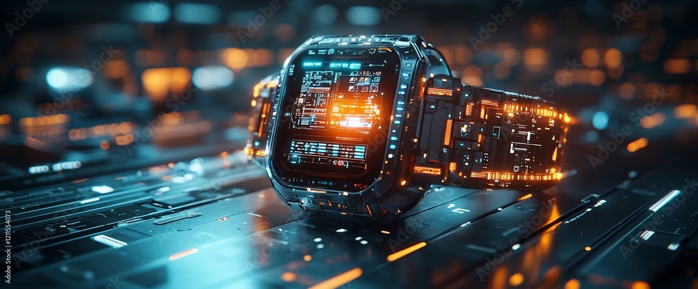 Poster futuristic smartwatch with glowing screen on circuit board.