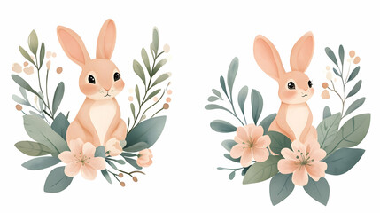Two cute bunnies nestled in spring blossoms, perfect for Easter cards or children's books