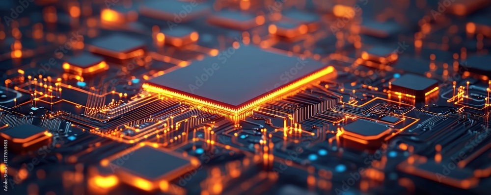 Poster education concept. close-up view of a modern microprocessor with glowing circuits and detailed conne