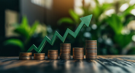 coins and graph, tacked Gold Coins with Green Upward Arrow and Stock Market Growth Concept