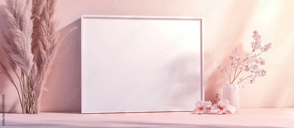 Poster soft pastel pink background with a blank white frame centered, surrounded by delicate flowers, creat