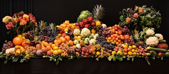 Vibrant display of assorted fruits and vegetables on a dark background featuring oranges, grapes, cauliflowers, and colorful flowers arranged artistically.