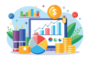 This visual depicts customizable investment data features along with charts, financial symbols, and currency elements, Investment data Customizable Disproportionate Illustration