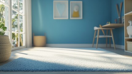 Sunlit blue rug in a child's room with a desk, chair, bookshelf, and plant.