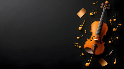 Violin with musical notes on black background, space for text, concert announcement