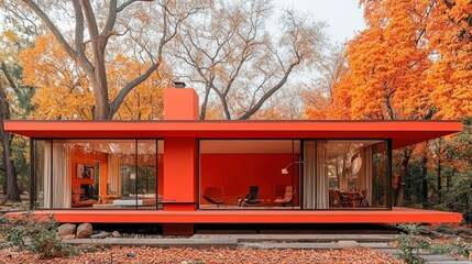 Vibrant Autumnal Red House in Forest