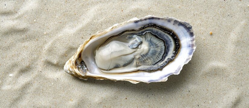Close up of a beautifully opened oyster shell on soft beige sand with gentle waves in the background evoking summer beach relaxation and charm