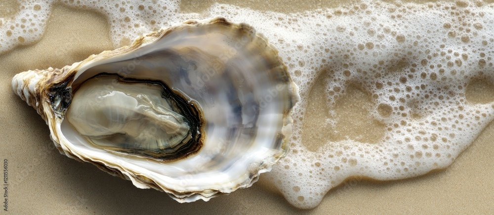 Poster close up of a marine oyster shell with gray and white tones resting on fine sandy beach with soft wa