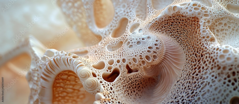 Poster exotic seashell close-up showing intricate patterns and textures in soft beige and cream tones, emph