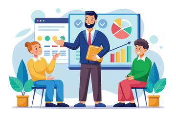 A presenter engages two listeners during a customizable investor presentation on financial insights, Investor presentation Customizable Disproportionate Illustration