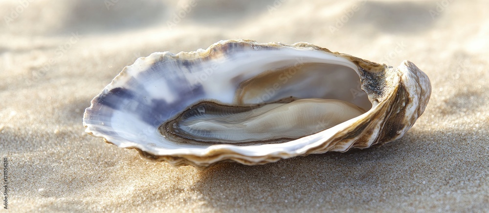Poster a close-up of an open oyster shell resting on fine beige sand with soft coastal tones, capturing sum