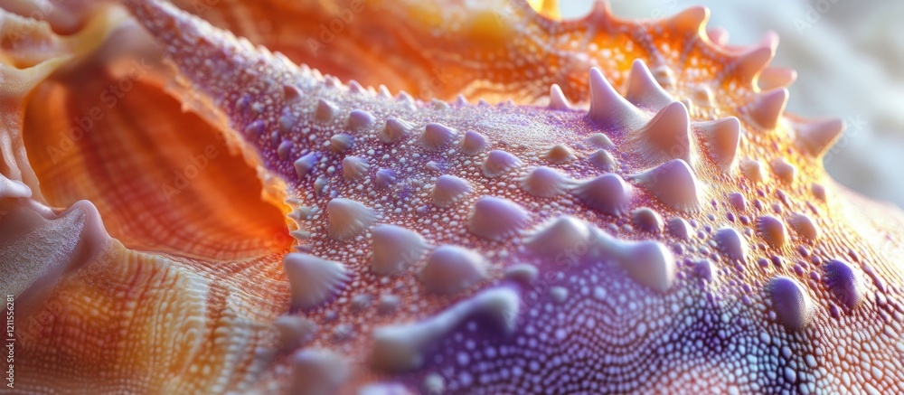 Poster exquisite close-up of an exotic seashell featuring vibrant orange and purple patterns with intricate