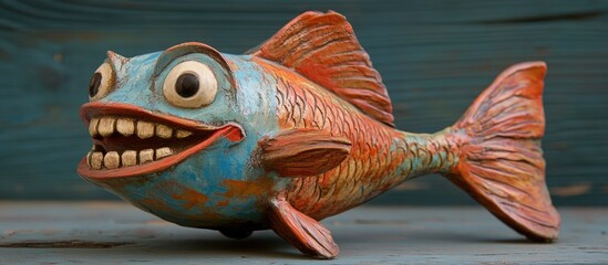 Cheerful handcrafted fish sculpture with vibrant blue and orange colors displaying a big smile on a rustic wooden background radiating playfulness