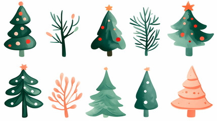 Watercolor Christmas trees and branches; winter holiday design elements; festive background for cards