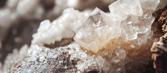 Close-up view of textured rock featuring transparent salt crystals in shades of white and light brown against a dark background, emphasizing natural details