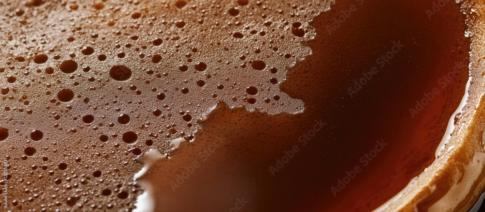 Poster close up of dark brown rich maple syrup with glossy texture spilling over the edge of a round pancak