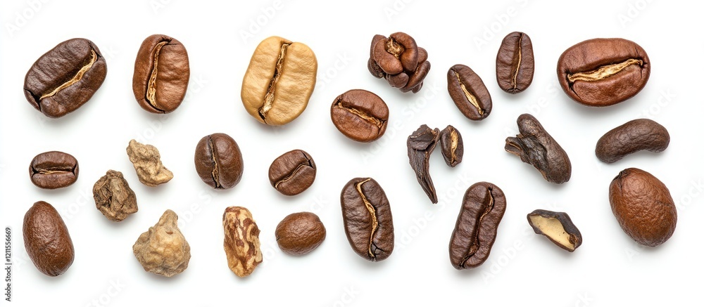 Poster assorted whole and broken coffee beans arranged on a white background highlighting rich brown tones 