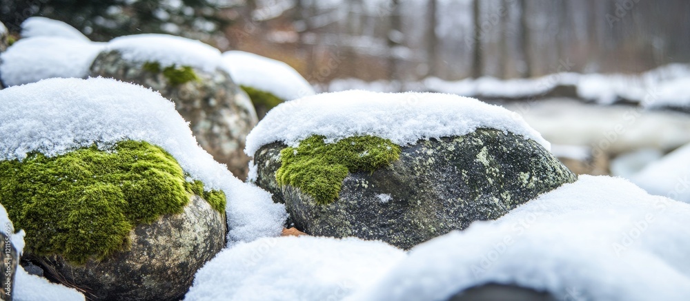 Aufkleber moss covered rocks partially hidden under snow in a serene winter landscape with soft backgrounds of