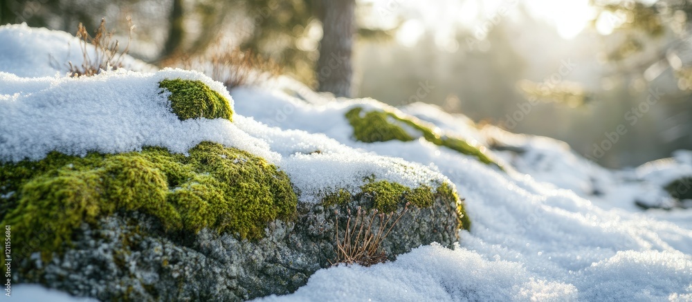 Aufkleber winter landscape featuring moss-covered rocks partially veiled in soft snow with warm sunlight filte