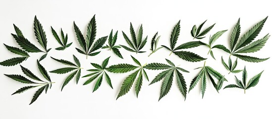 Fototapeta premium A vibrant arrangement of green cannabis leaves spread across a clean white background showcasing intricate details and natural beauty of each leaf.