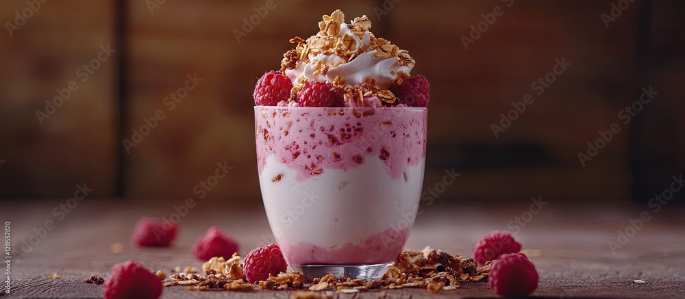 Poster delicious yogurt glass with raspberry and muesli flakes on rustic wooden table with scattered raspbe