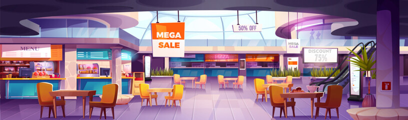 Mall food court with restaurant counters, dining area and promotional banners. Shopping center cafeteria with pizza stall, menu displays, chairs and tables, decorative plants and escalator in hall. © klyaksun
