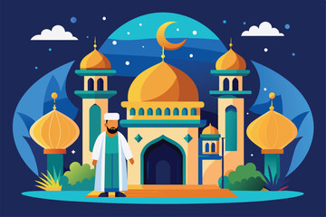 A colorful flat illustration showcasing a man in traditional attire celebrating the Islamic New Year by a mosque, Islamic new year Customizable Flat Illustration