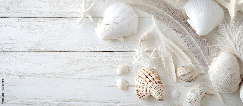 Poster decorative arrangement of white seashells and feathers on a white wooden table creating a coastal am