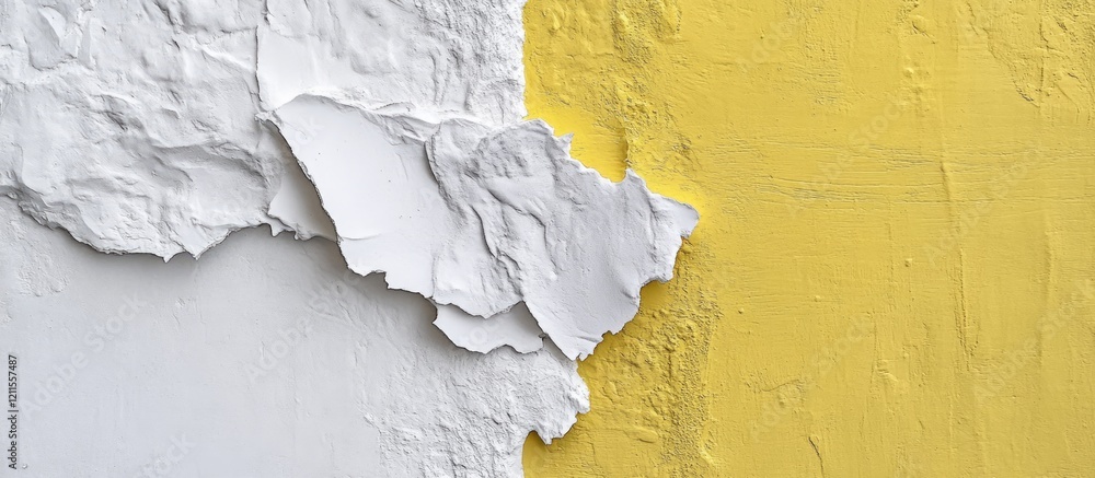Poster close up of a textured white wall merging with a bright yellow wall emphasizing unique layers and co