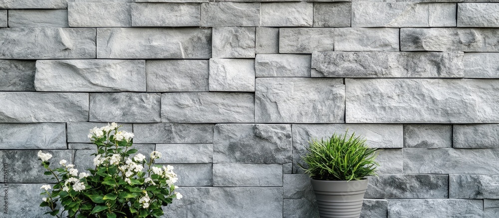 Poster elegant light gray stone wall with textured blocks framed by potted greenery on the bottom right cre