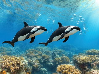 Naklejka premium Two Majestic Orcas Swimming Gracefully Above a Vibrant Coral Reef Surrounded by Bubbles in a Clear Ocean Environment Capturing the Beauty of Marine Life